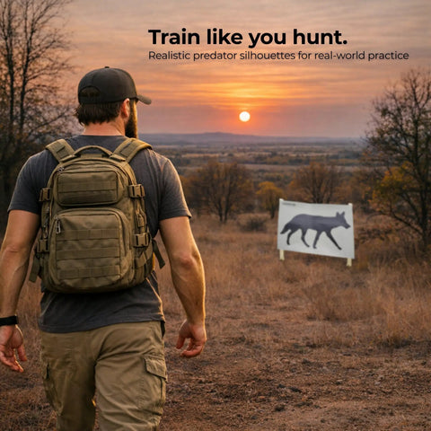 Man walking towards Passive Thermal Target Kit for Zeroing and Training with heat responsive film, sunset backdrop