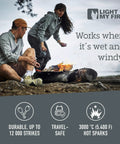 Two-In-One Magnesium Fire Starter Kit With Ferro Rod And Emergency Whistle, waterproof tool, two campers lighting a fire outdoors.