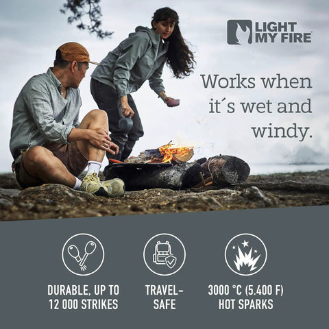 Two-In-One Magnesium Fire Starter Kit With Ferro Rod And Emergency Whistle, waterproof tool, two campers lighting a fire outdoors.