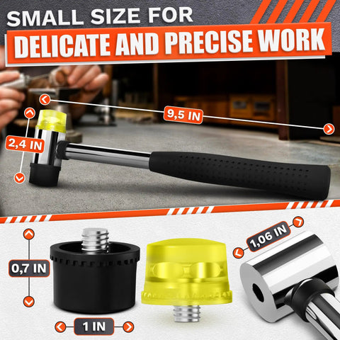 Go To Lightweight Double Sided Rubber Mallet Hammer With Plastic Head And Stainless Steel Non Slip Ergonomic Grip for jewelry making, showing replaceable 2.4 inch head and 9.5 inch grip.