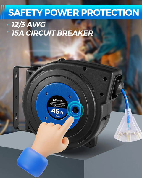 Retractable Extension Cord Reel With 45 Ft 12 Gauge SJTOW Cord 3 Grounded Outlets Lighted Triple Tap 15 Amp Circuit Breaker UL Listed