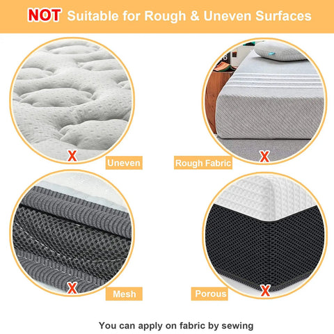 Diagram showing surfaces unsuitable for Non Slip Mattress Pad With Self Adhesive Hook And Loop Tape, including uneven, rough fabric, mesh, and porous surfaces.