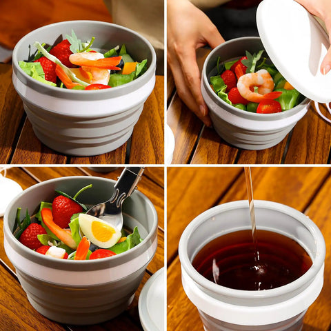 Collapsible Silicone Cup And Bowl Set For Camping with salad and tea, showing 950ml bowl and 200ml cup for outdoor use.