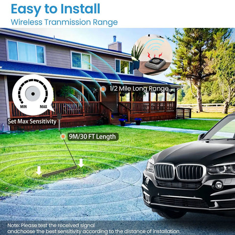 Solar Wireless Driveway Alarm For Cars Only Easy Car Only Vehicle Detector With Low False Alarms Weatherproof Outdoor Sensor Works In Rain Or Snow Temperature Range Minus Four To One Forty Fahrenheit Quick Setup And Reliable Alerts installed in yard with car