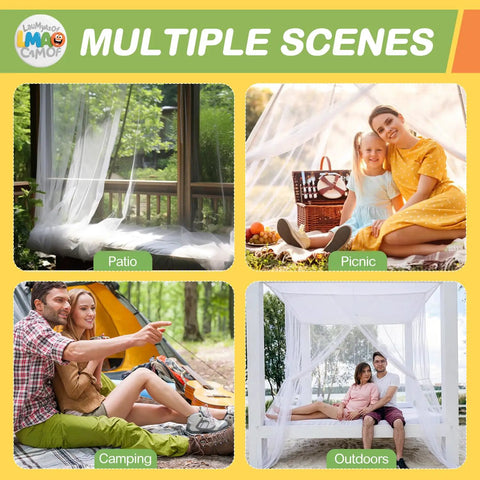 Four Corner Bed Mosquito Net For Canopies And Travel, Rectangular Mesh Netting With High Density Breathable Fabric used in various outdoor scenes like patio, picnic, camping, outdoors.