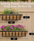 Heavy Duty Railing Planter Boxes For Balcony And Deck, Adjustable 24 Inch Window Box Planters With Coco Liner And Support Rod, mounted on a fence