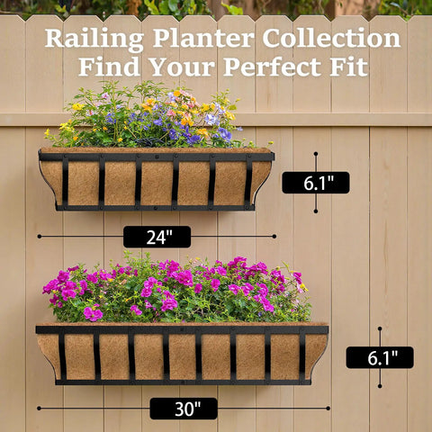 Heavy Duty Railing Planter Boxes For Balcony And Deck, Adjustable 24 Inch Window Box Planters With Coco Liner And Support Rod, mounted on a fence