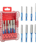 Eight piece vacuum brazed diamond drill bit and hole saw set for tile glass porcelain granite, including storage case.