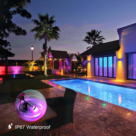 LED Deck Lights Kit Multicolor 20 Pack 1.22 Inch RGBW IC Smart Recessed Low Voltage 12V Step Lights IP67 Waterproof poolside view