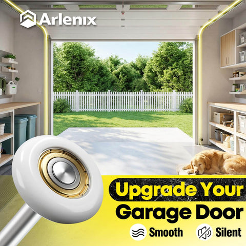 Open garage with green view showcasing 10 Pack Nylon Garage Door Rollers Replacement With 6200 ZZ Dual Sealed Bearings Quiet And Smooth Operation 2 Inch Wheel And 4 Inch Steel Stem For Standard Residential Doors Beefed Up Heavy Duty Rollers Set.
