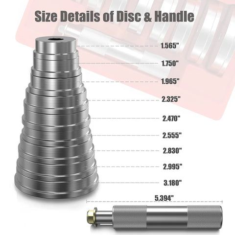 Bearing Race And Seal Bush Driver Set With Carrying Case Universal Kit For Automotive Wheel Bearings 10 Piece Includes 1 Driver And 9 Collar Discs For Precise Race And Seal Installation Pro Grade showing disc and handle size details.