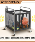 Ball Storage Bin Rolling Sports Cart With Durable Metal Frame indoor outdoor gym organizer with balls and rackets