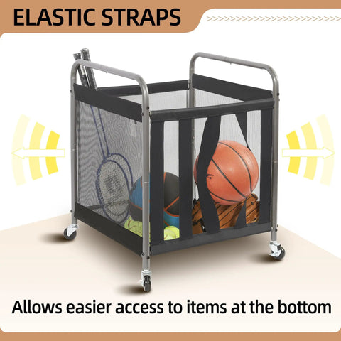 Ball Storage Bin Rolling Sports Cart With Durable Metal Frame indoor outdoor gym organizer with balls and rackets