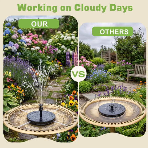 Comparison of a 3.5W Solar Fountain Pump With Built In 1500mAh Battery operating versus a different model in a garden setting.