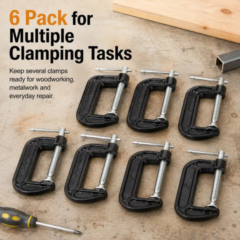 Six Pack 4 Inch C Clamps Set Black Malleable Iron C Clamps For Woodworking, Welding, Metalworking, Building, Repair And DIY Projects