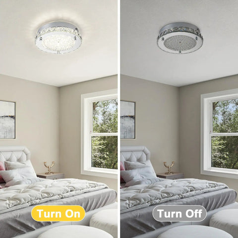 Flush Mount Crystal Ceiling Light With K9 Crystals, Modern Round LED Fixture In 4000K Daylight, 8 Inch in bedroom, on and off