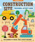 Front cover of 'Busy Preschool Builders Learn With Trucks Tools And Mighty Machines In A Fun Construction Site Activity Book For Kid Friendly Hands And Curious Minds Ages 3 To 5' showing colorful trucks and machines.