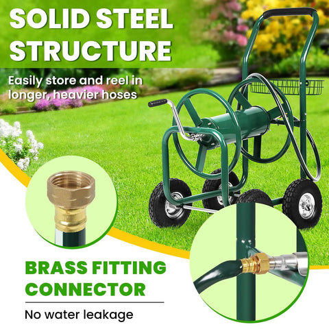 Beefy Heavy Duty Hose Reel Cart Holds Up To Three Hundred Feet Of Five Eighth Inch Hose With Four Wheels And Built In Storage Basket