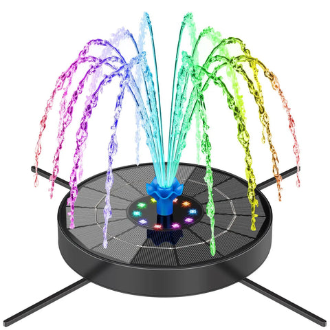 Solar Fountain Pump For Bird Bath With 3 Spray Height Adjustments Upgraded Glass Panels LED Lights 6 Nozzles