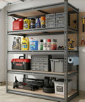 Hella Tough 5 Tier Metal Storage Rack With Fully Adjustable Shelves And 2000 Pound Capacity displaying organized tools and bins in a garage setting.