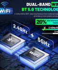 Dual-band WiFi BT 5.0 technology highlighting 2.4GHz and 5GHz for stable connection with anti-interference capability.