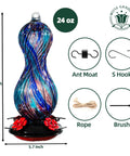 Outdoor Hand Blown Glass Hummingbird Feeder With 24 Oz Capacity And Four Feeding Ports, Hanging Nectar Bird Feeder pictured
