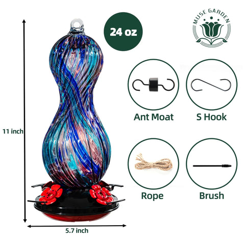 Outdoor Hand Blown Glass Hummingbird Feeder With 24 Oz Capacity And Four Feeding Ports, Hanging Nectar Bird Feeder pictured