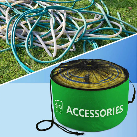 Waterproof RV Hose Storage Bags Set Of 4 shown with hoses before and after organized space-saving storage in green bag.