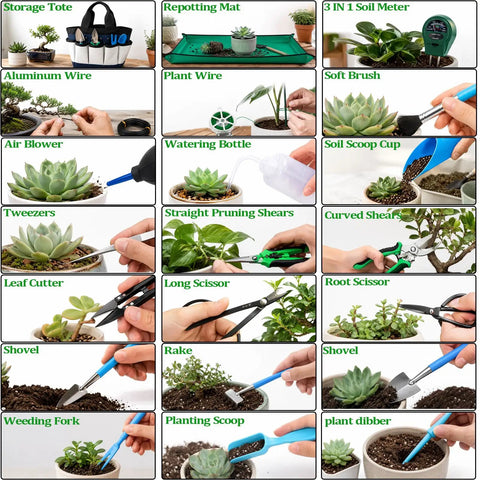 25 Piece Succulent And Bonsai Tools Set For Beginners Indoor Plant Care Kit With Repotting Mat Organizer Tote Soil Moisture Meter Pruning Shears Mini Garden Tools A Must Have Gift For Women And Men, 25-piece bonsai tools kit