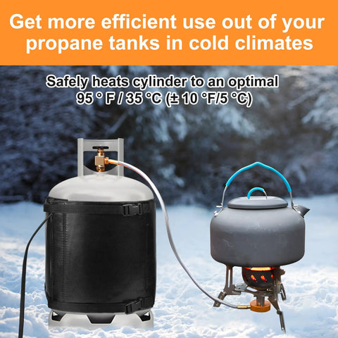 Gas Cylinder Heater Wrap With Thermostatic Control for LP Tanks shown heating a propane tank in outdoor cold climate