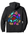 Microbiology Lab Science Hoodie For Biology Fans, Bacteria Design Pullover showing colorful bacteria on black fabric, back view