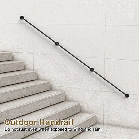 Badass Strength 10 Foot Stair Handrail And Heavy Duty Wall Mount Metal Pipe Railing for Indoor Outdoor Use Carrying Up To 450 Pounds at a sloped staircase.