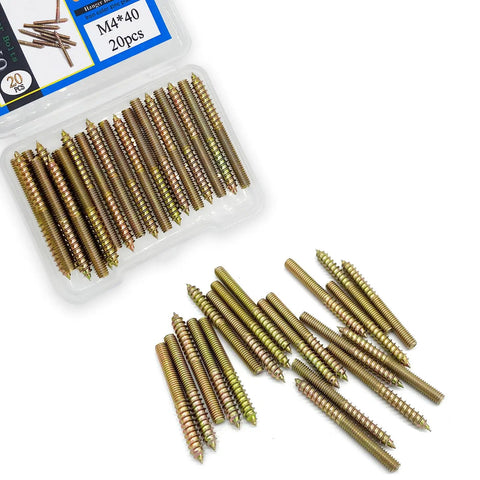 Pro Grade Shop Checked M4 X 40mm Hanger Bolts 20 Pack Heavy Duty Galvanized Steel Double Ended Wood Screws display in packaging.
