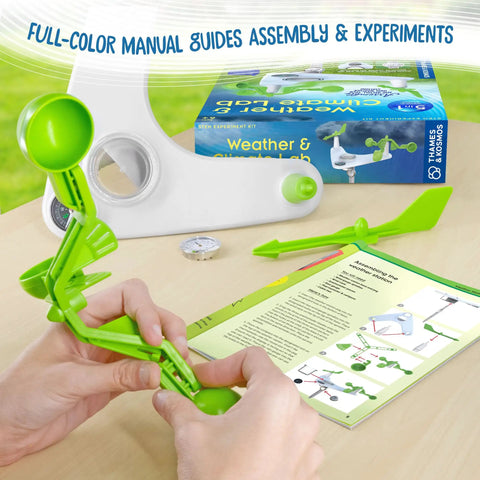 Hands On Weather And Climate Lab 5 In 1 Meteorology Station Kit With Wind Vane Compass Rain Gauge Anemometer And Thermometer For Outdoor Use Ages 6 And Up shown during assembly.