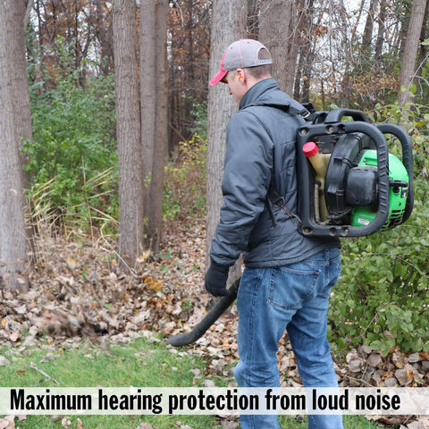 Person using a leaf blower in forest, demonstrating Maximum Noise Blocking Soft Foam Earplugs 50 Pairs With 33 dB NRR For Sleep Snoring.