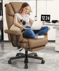 160 Degree Reclining Office Chair With Footrest For Big And Tall Comfort Leather High Back Computer Desk Chair, brown, in use