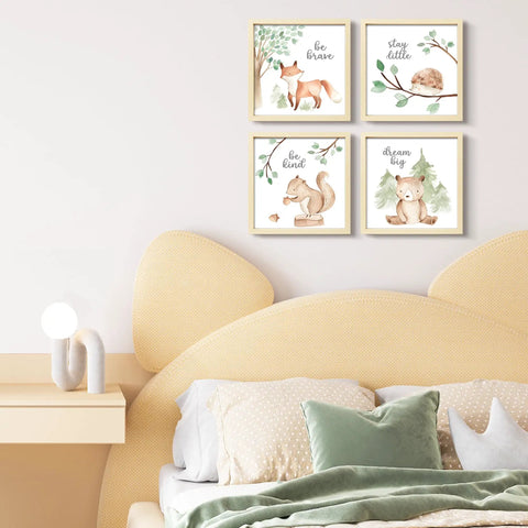 Framed Woodland Nursery Wall Art 4 Pack Cute Forest Animals Prints for Baby Kids Bedroom and Playroom Gallery Wall Set, 10x10 Inch Artwork Featuring Be Brave, Stay Little, Be Kind, Dream Big