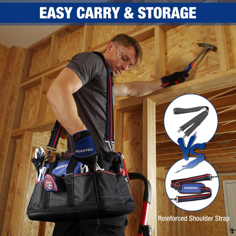 16 Inch Wide Mouth Tool Bag With Waterproof Molded Base, Heavy Duty 840D Polyester, Pro Grade Tool Organizer For Home, Garage And Job Site, Durable, Water Resistant Carryall With Double Stitching, worn with reinforced shoulder strap