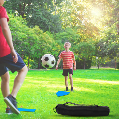 Kids playing with 5 Piece Baseball And Softball Base Set With Carrying Bag Includes 3 Throw Down Bases 1 Home Plate 1 Pitching Rubber