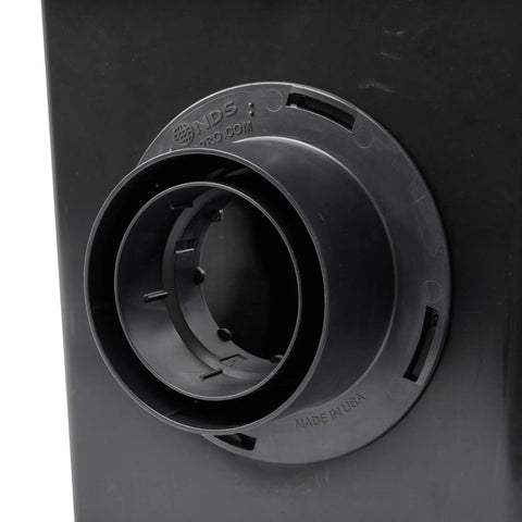 Side view of Square Catch Basin Drain Kit With Two Opening Basin Black Plastic Grate Two Outlet Adapters And One Outlet Plug 12 Inch