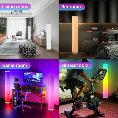 Two Pack RGB Floor Lamps With Music Sync App Control And Time Settings Dimmable Color Changing Standing Lamps in various room settings
