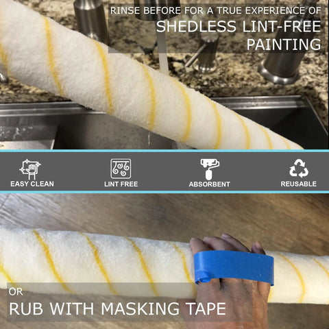 Killer 18 Inch Shedless Paint Roller Cover Haul 48 Pack Lint Free With End Caps showing rinsing process for effective lint-free painting.