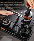 Daily Driver Barista Coffee Accessories Set Featuring Calibrated Spring Tamper Stirring Needle And Distribution Tool For Truly Smooth Espresso Pulls At Home, showing espresso tamper and distributor.