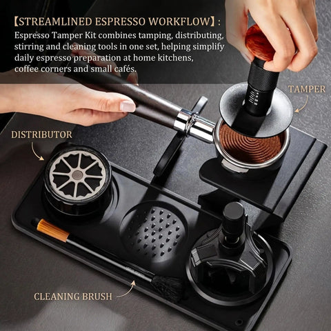 Ultimate Game Changer Espresso Kit, 5 Piece Coffee Tamper Station With Spring Loaded Press, WDT Distribution Needle Tool, Barista Grade Gear For 51mm 53mm 58mm Portafilters, Tight Home Cafe Setup showing espresso tamper and distributor tools.