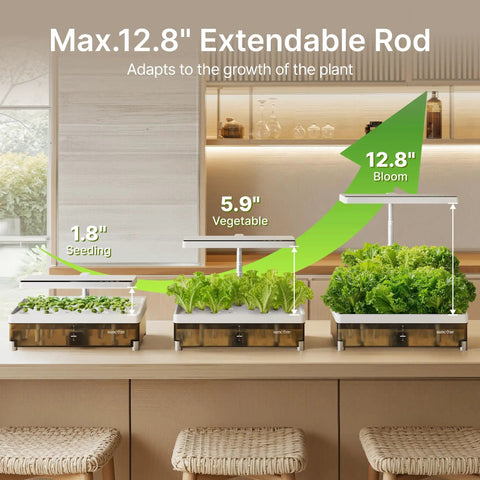 Indoor Hydroponics Growing System Kit With 13 Pods Dimmable Grow Light Four Liter Visible Water Tank Adjustable Height Up To Twelve Point Eight Inches Digital Timer And Water Nutrient Reminder No Fuss Gift For Gardeners showing plant growth stages up to 12.8 inches.