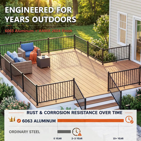 Heavy Duty Modular Deck Railing System 36 Inches High By 6 Feet Long Solid 6063 Aluminum Rails on a modern patio.