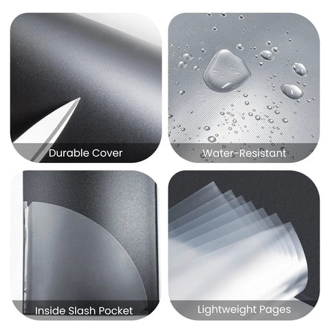 Detailed view of 30 Pocket Portfolio Binder With 60 Pages And 8.5x11 Size showing durable cover, water-resistant design, slash pocket, lightweight pages