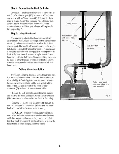 Heavy Hitter Table Saw Dust Collection Guard Handles Up To 16 Inch Blades With Smooth 45 Degree Tilting Boom, setup details.