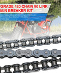 420 Mini Bike Rear Drive Chain 90 Link And Breaker in front of a mini bike