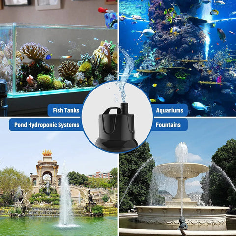 Front view of Simple Deluxe 800GPH bottom-suction submersible pump with 60W, 9.8ft lift and 3 fountain nozzles